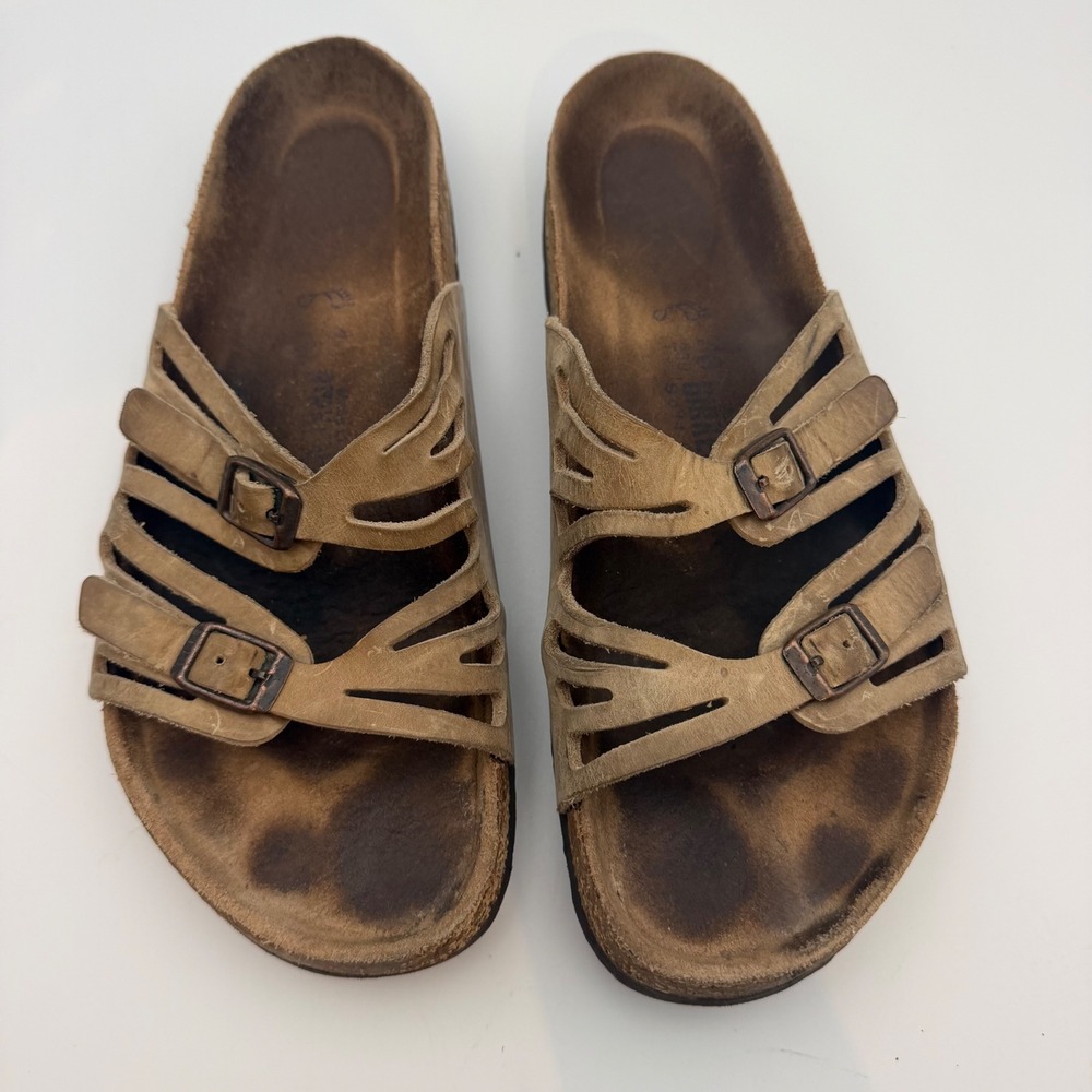 Birkenstock Granada Sandals Tobacco Brown Oiled Leather Cutout Slides 40 L9 M7